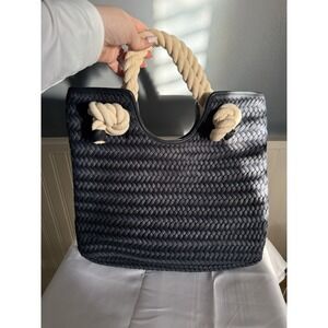 Talbots Nautical Navy Blue Beach Pool Bag Woven Tote Purse White Knot Handles